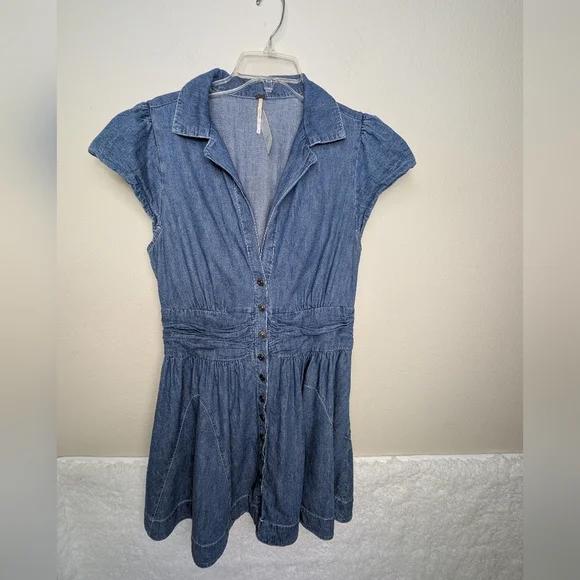 Free People Chester Dress Womens Large Stretch Denim Flutter Sleeve Sparkle 8 - Picture 14 of 15